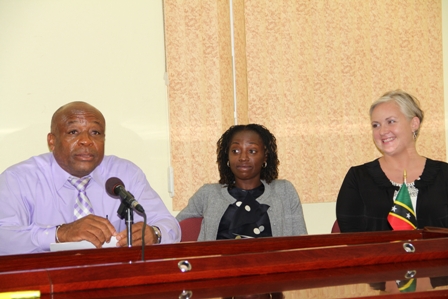 (L-R) Minister of Health on Nevis Hon. Hensley Daniel, Oncologist/Haematologist based in the United States Virgin Island Dr. Erole Mae Hobdy, Registered Nurse and Certified Oncology Nurse Carla Stevens